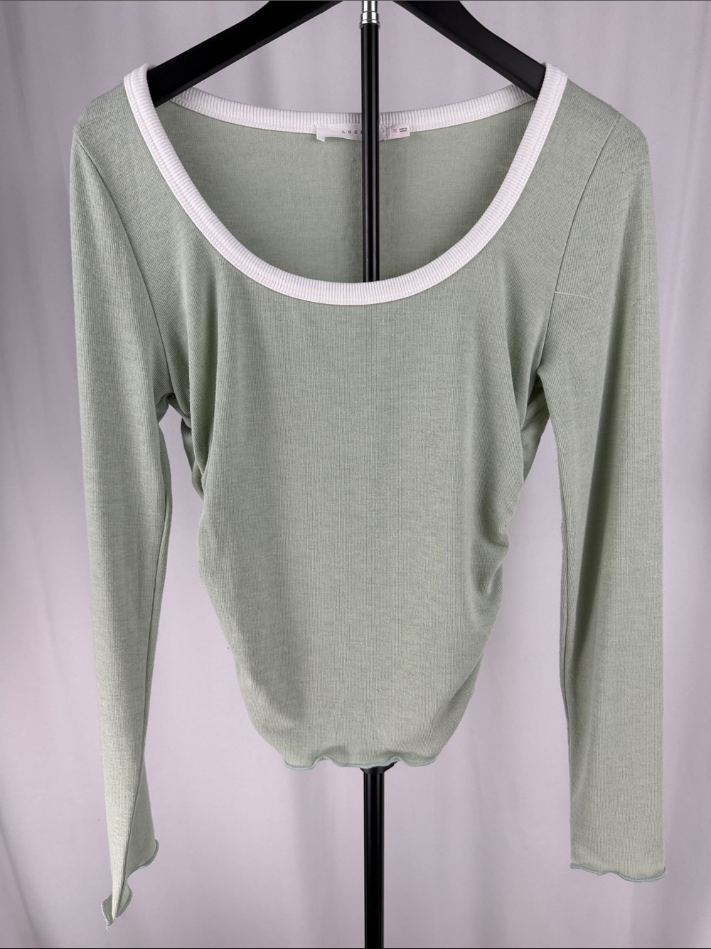Lush Sage Long Sleeve Scoop Neck Top with White Trim